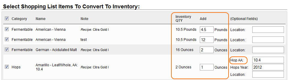 Brewing Software Shopping List Convert to Inventory